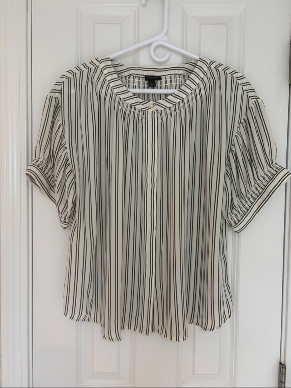 Ann Taylor Classic Green & Cream Striped Short-Sleeve Blouse with Gather Detail